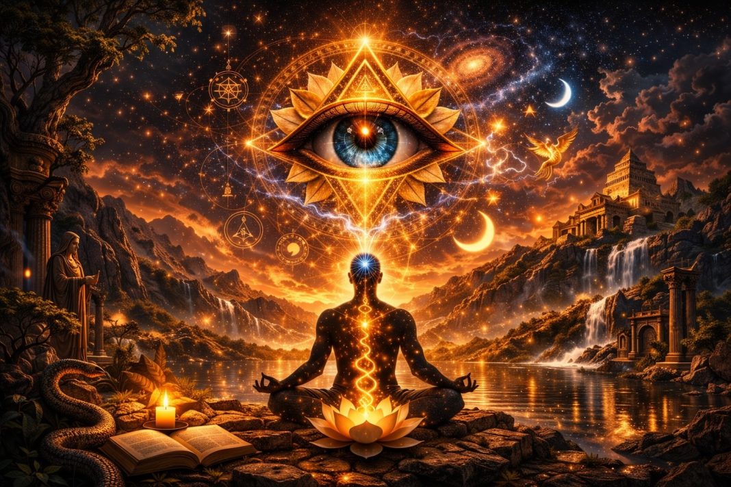 A meditating figure sits by a lake while a glowing all-seeing eye in sacred geometry hovers above, surrounded by a cosmic sky, mountains, and ancient temples.