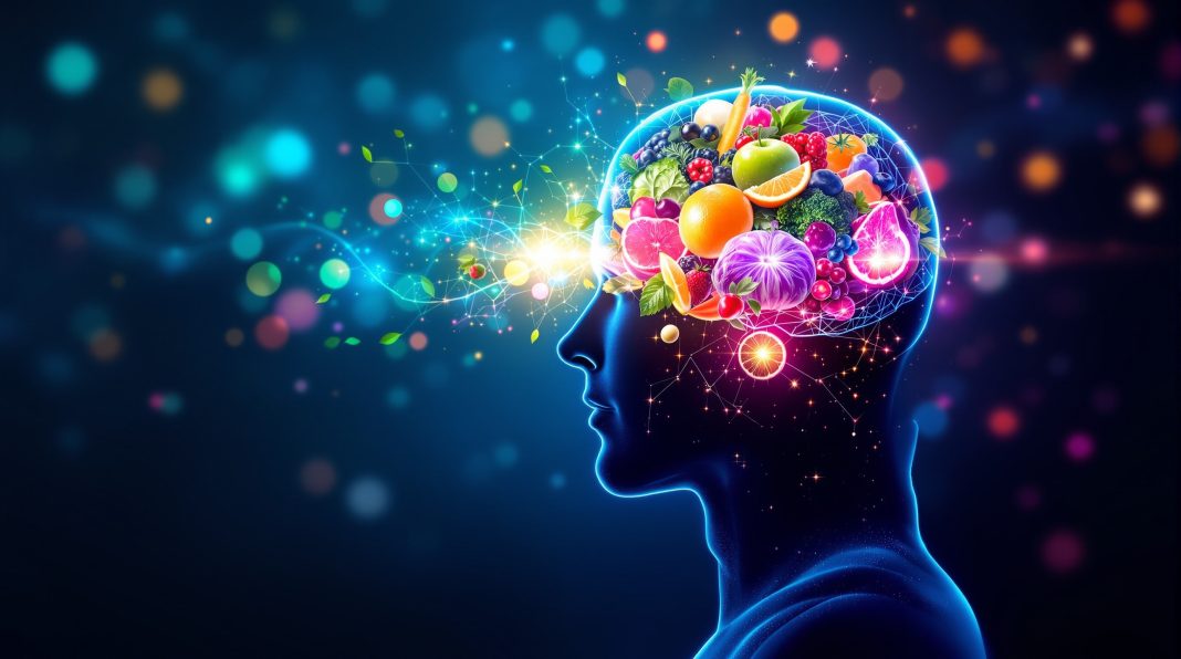 Hrana i svest prikazane kroz ljudski profil sa voćem i povrćem u mozgu kao simbol uticaja hrane na percepciju
