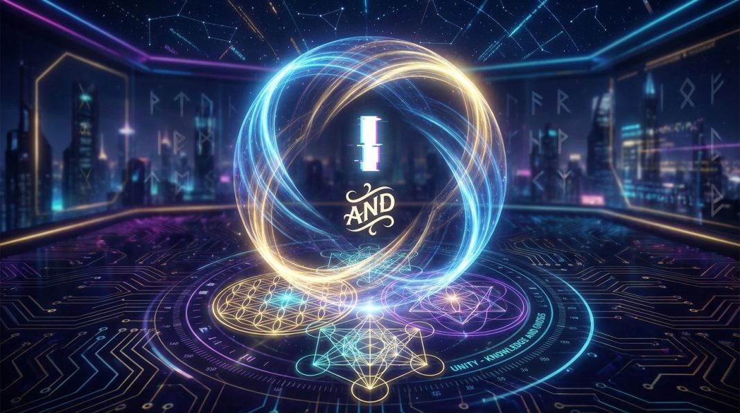 Svest. Simbol jedinstva svesti i tehnologije – digitalna energija u obliku beskonačnosti sa geometrijskim obrascima i futurističkim interfejsom