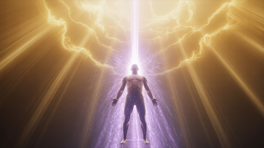 To enter in kingdom. Kundalini awakening and spiritual ascension – human figure surrounded by golden light and energy rising through the crown chakra