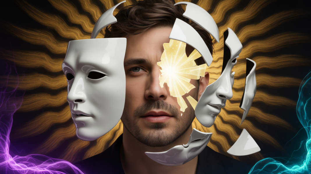 Ego death. Man’s face surrounded by breaking mask fragments, symbolizing ego dissolution and the revealing of true self and inner consciousness