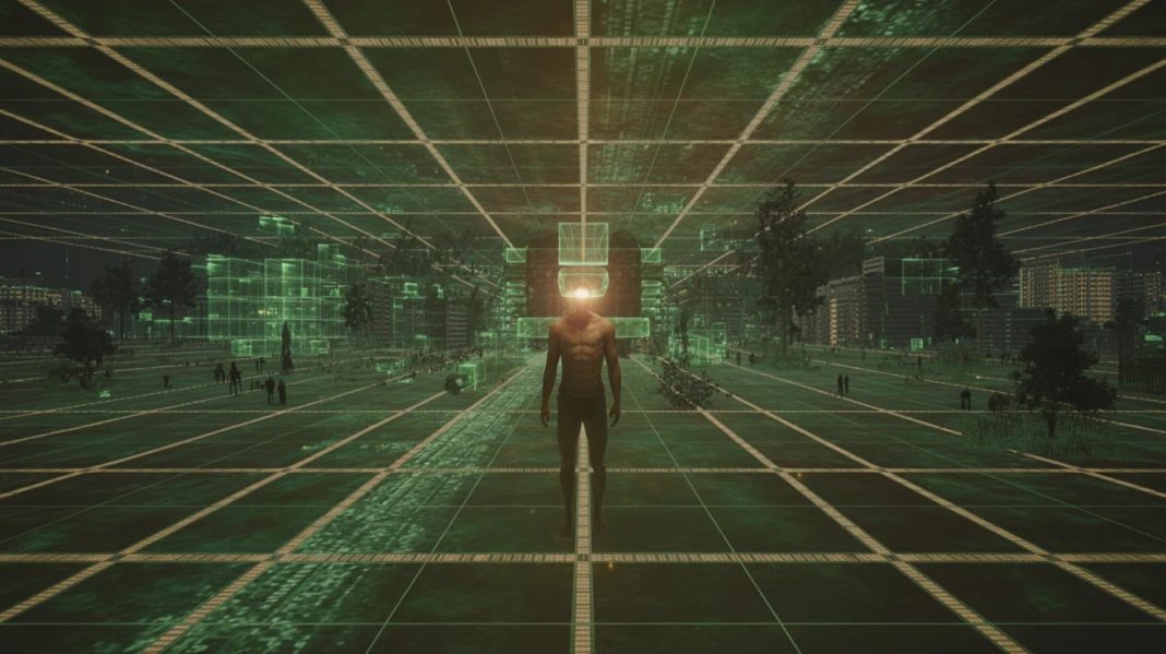 Holografska realnost u matrici – čovek u digitalnom prostoru koji simbolizuje percepciju stvarnosti i svesti