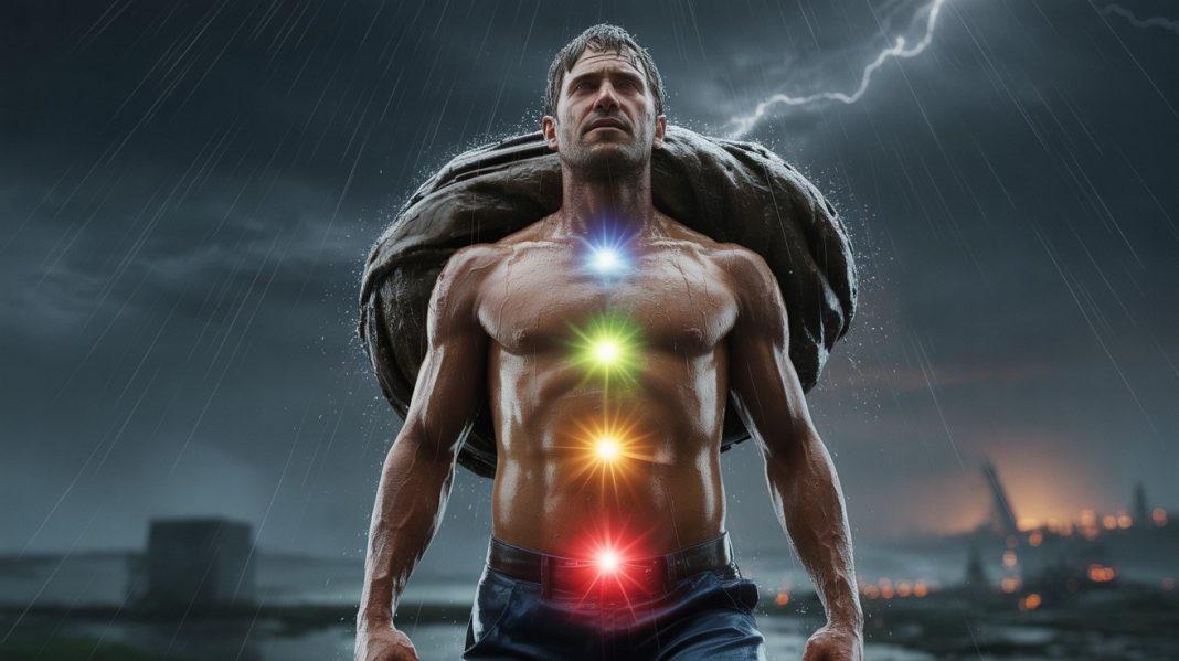 Patnja kao priprema. Muškarac nosi težak teret kroz oluju dok su energetski centri tela osvetljeni, simbol unutrašnje snage i duhovne ravnoteže