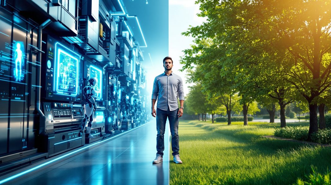 AI i Čovek stoji između sveta tehnologije i prirode, simbol balansa između AI i ljudskosti u digitalnom dobu