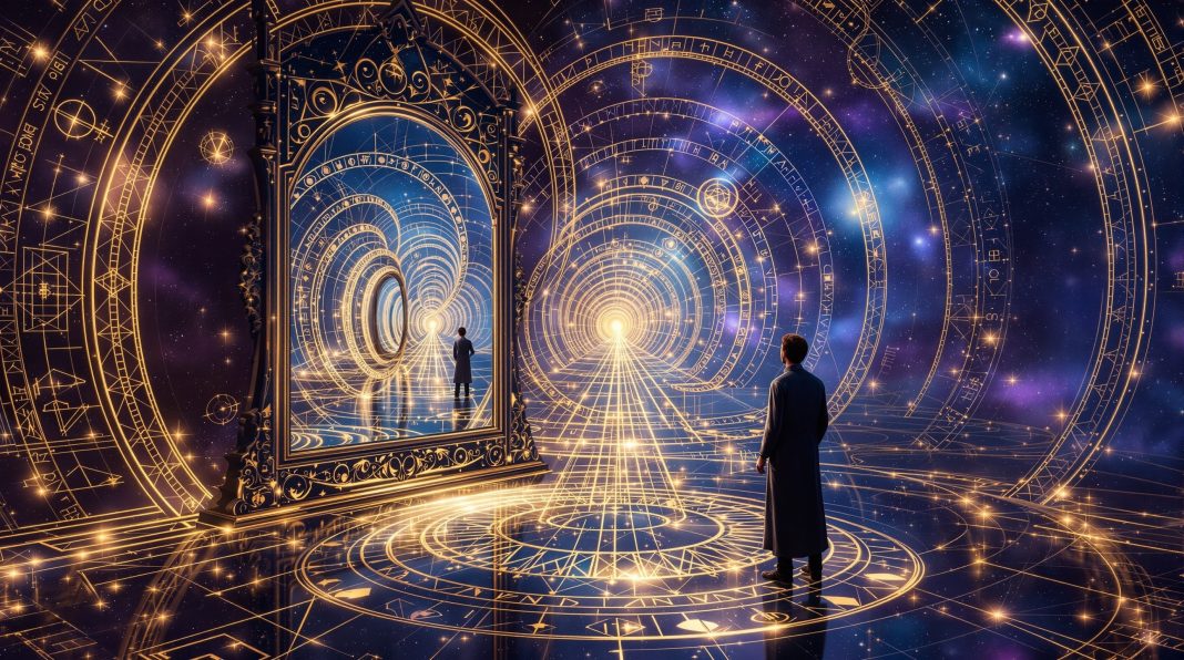 Digitalni svet. Svest i tehnologija prikazane kroz kosmički portal, digitalne obrasce i refleksiju čoveka u futurističkom univerzumu