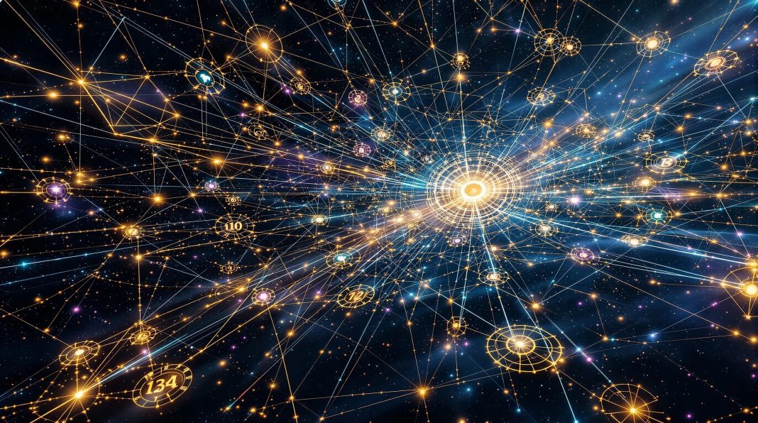 Prepoznati obrasce. Vizualizacija univerzalne mreže svesti i povezanosti – simbol međusobno povezanih informacija, energije i kosmičkih obrazaca