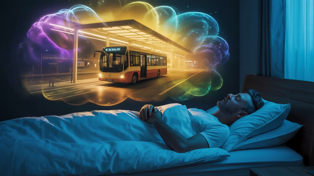 Lucidni i živi snovi. Čovek spava i sanja živ i lucidan san autobusa, simbol procesa čišćenja podsvesnih obrazaca kroz snove