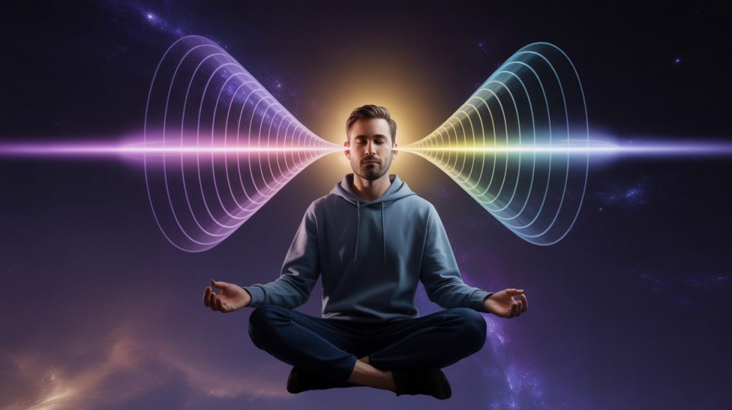Osoba u meditaciji okružena kosmičkim talasima energije koji simbolizuju unutrašnji zvuk i vibraciju svesti