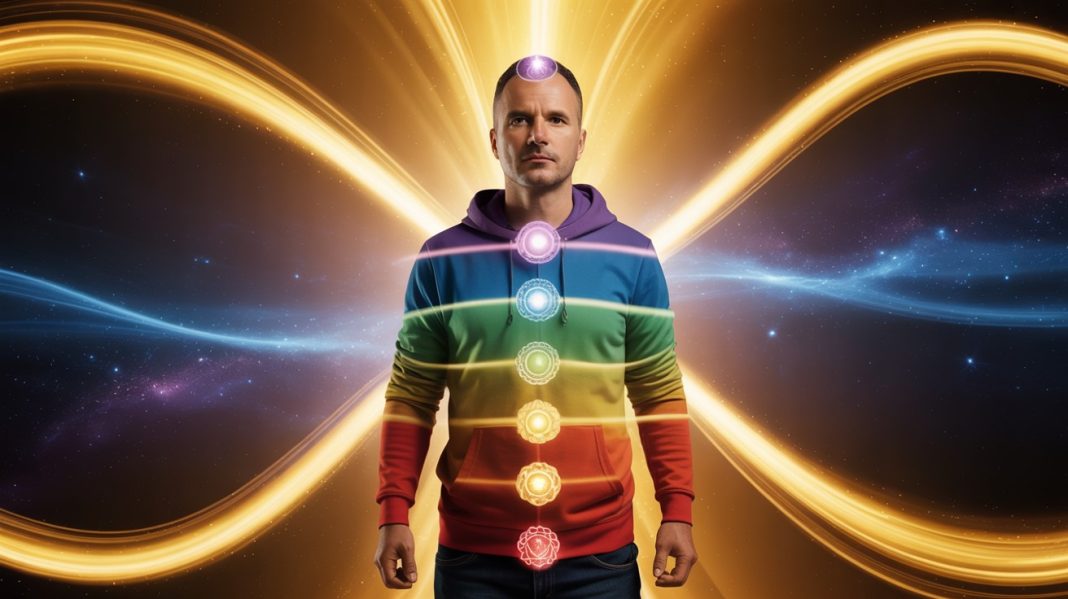 Kundalini energija. Muškarac sa vizuelno prikazanim energetskim centrima (čakrama) duž tela, simbol kretanja kundalini energije i duhovne ravnoteže