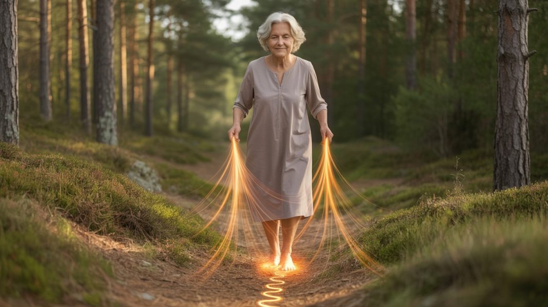 Uzemljenje tela. Starija baka bele kose hoda bosa po šumskoj stazi prekrivnoj iglicama i mahovinom ostavljajući zlatne otiske stopala