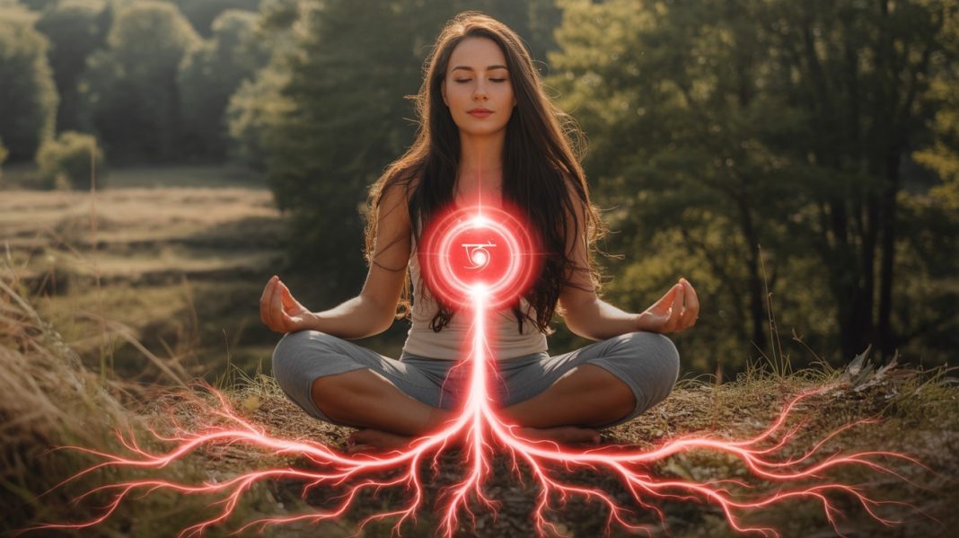 Muladhara čakra. žena meditira aktivacija korenske čakre kundalini buđenje crvena energija priroda