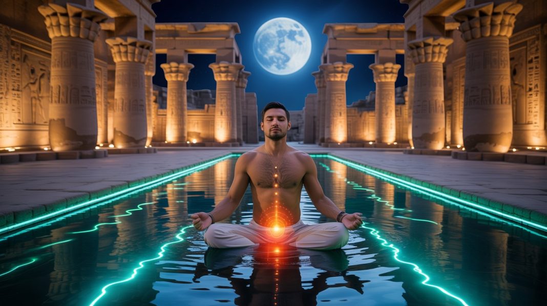 Svadhisthana Čakra. Muškarac u meditaciji sa narandžastim energetskim vrtlogom Svadhisthana čakre ispod pupka