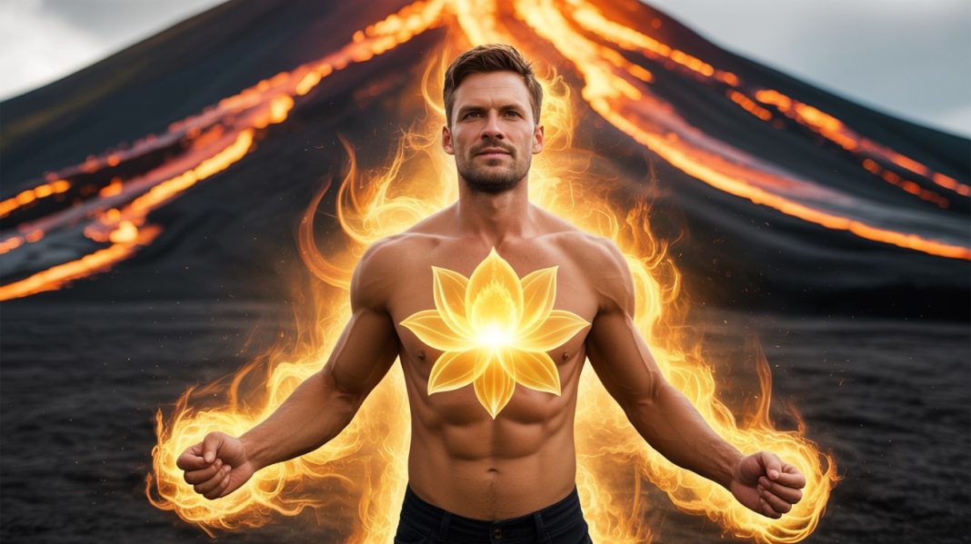 Manipura čakra. Muškarac stoji moćno na vulkanskom pejzažu sa žutim desetolatičnim lotosom na solar plexusu okružen vatrom