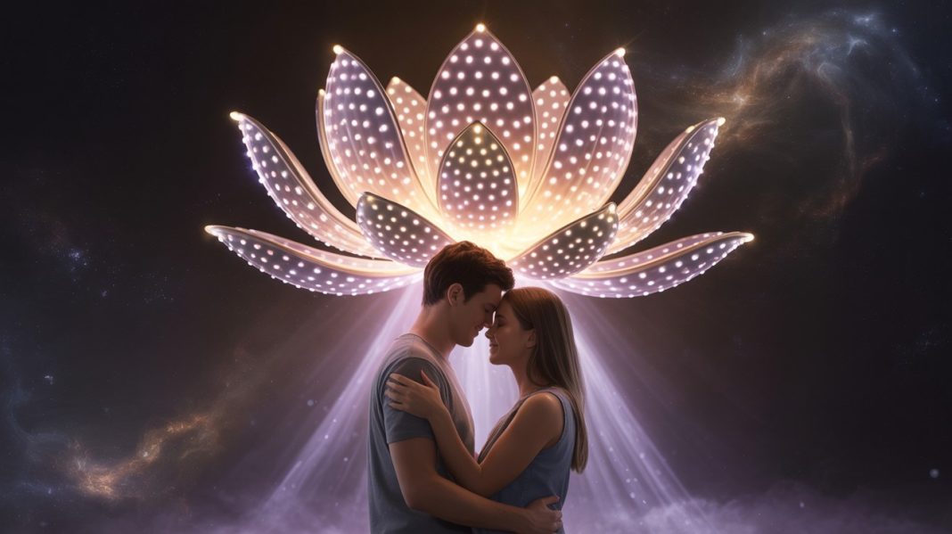 Sahasrara čakra. Mladi par u zagrljaju sa svetlećim lotosom od hiljadu latica iznad glava