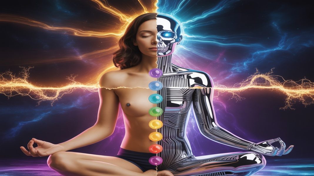 Svest i tehnologija spoj čoveka i veštačke inteligencije, meditacija sa čakrama i humanoidnim robotom, simbol AI i duhovnog buđenja