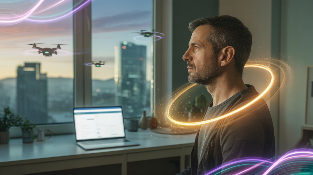 Budućnost bez rada kroz čoveka koji meditira u modernom prostoru sa tehnologijom i dronovima, simbol transformacije rada u duhovni razvoj uz pomoć veštačke inteligencije