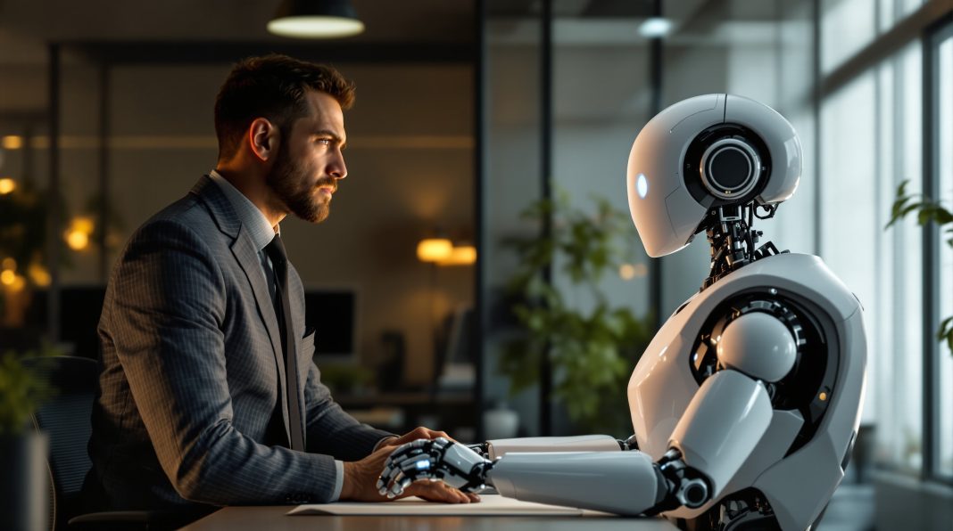 AI and jobs. AI and jobs concept human and robot facing each other future of work artificial intelligence replacing jobs