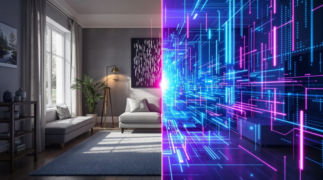 Digitalna realnost i svest. Moderan dnevni boravak koji prelazi u digitalni futuristički prostor kao simbol spoja realnog i virtuelnog sveta