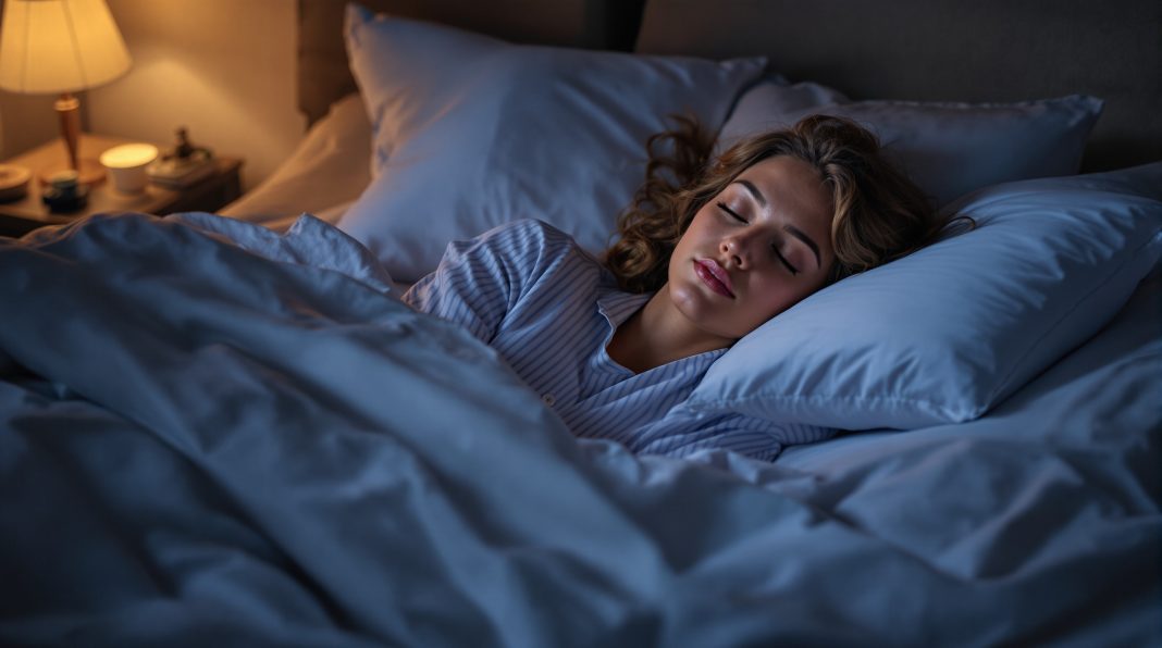Connection between sleep. Woman peacefully sleeping in a comfortable bed at night, symbolizing quality sleep and body recovery
