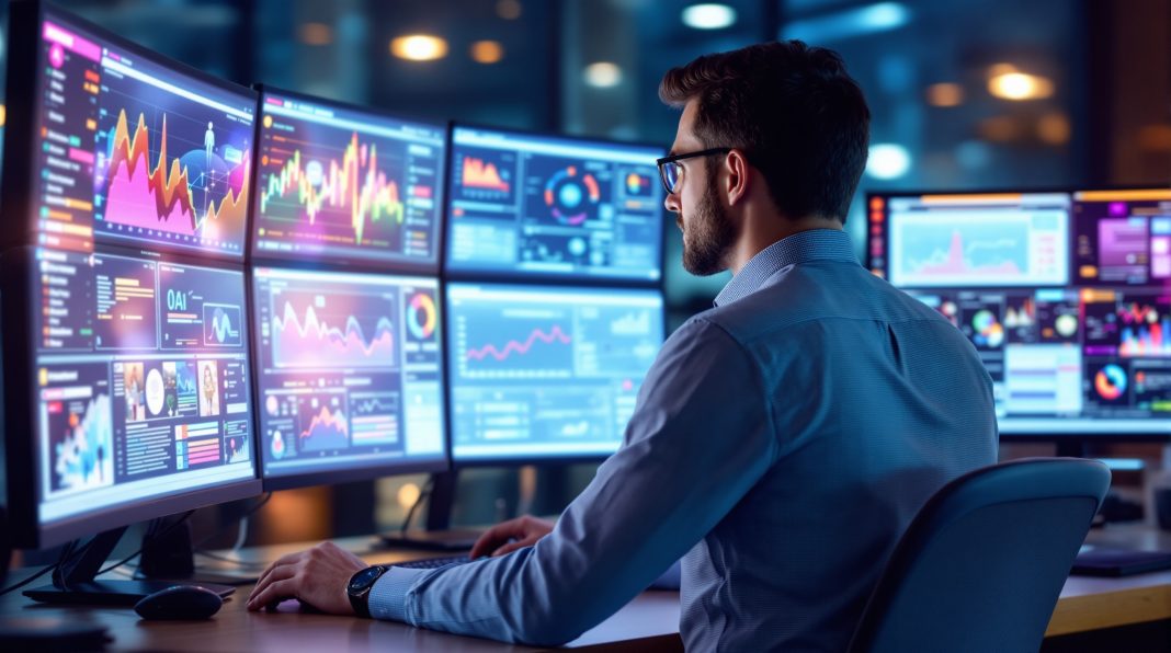 Kako tehnologija utiče na svest. Stručnjak analizira podatke i grafikone na više monitora koristeći napredne digitalne alate i tehnologiju za obradu informacija