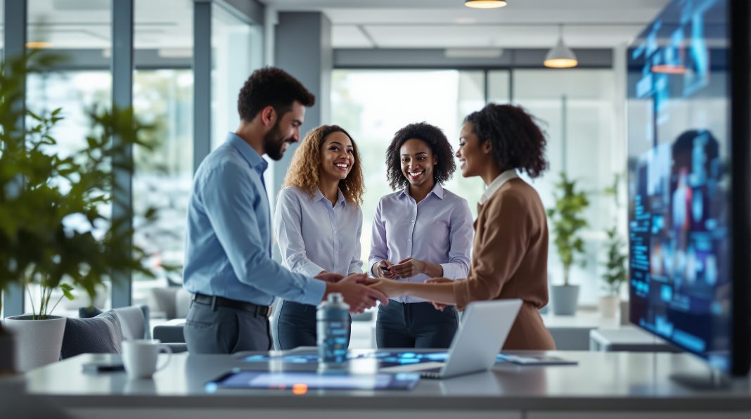 Technology affects human consciousness. Team of professionals using digital technology and AI tools for collaboration and decision-making in a modern office