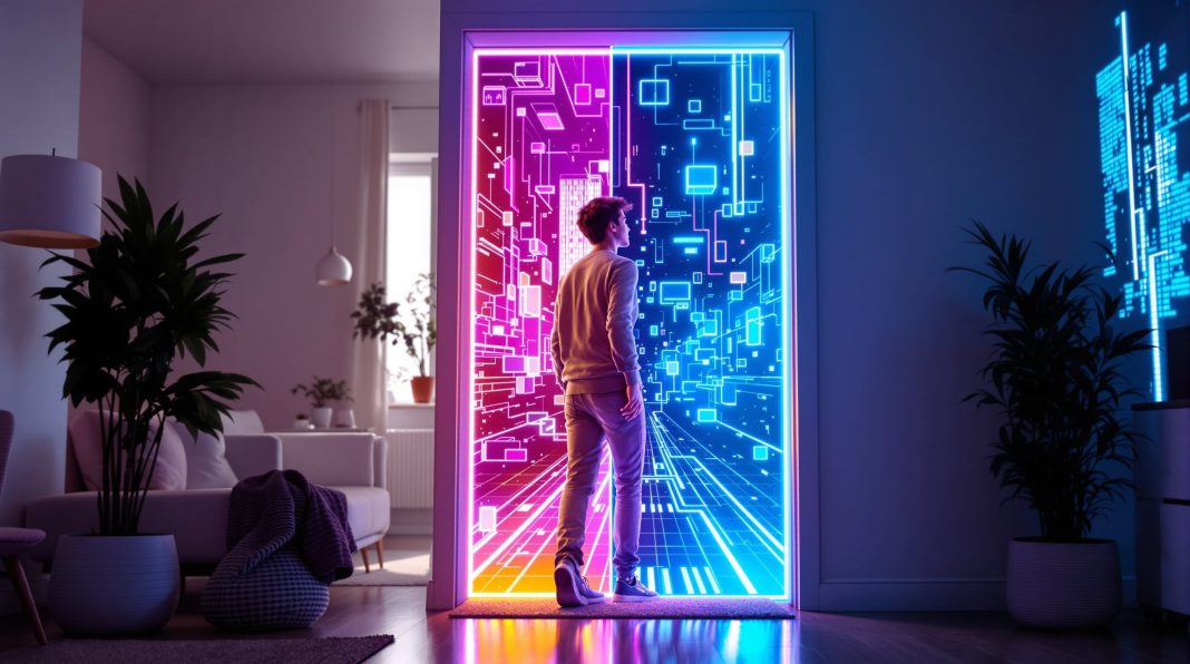 Digital reality and consciousness. Man standing in front of a glowing digital portal between a real living room and a futuristic virtual world